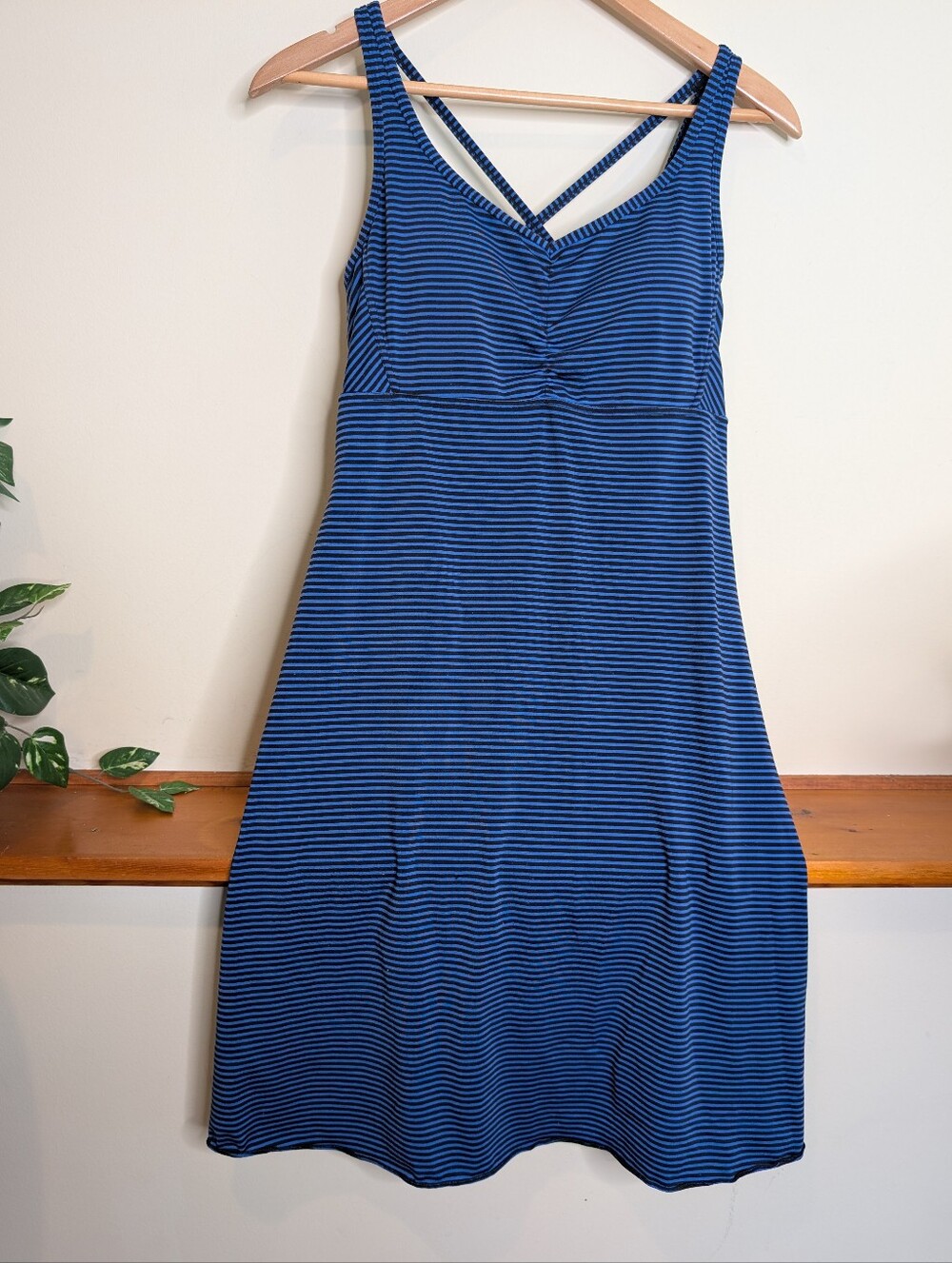 prAna Womens L Striped Active Dress Built In Bra Blue Black Strappy Back